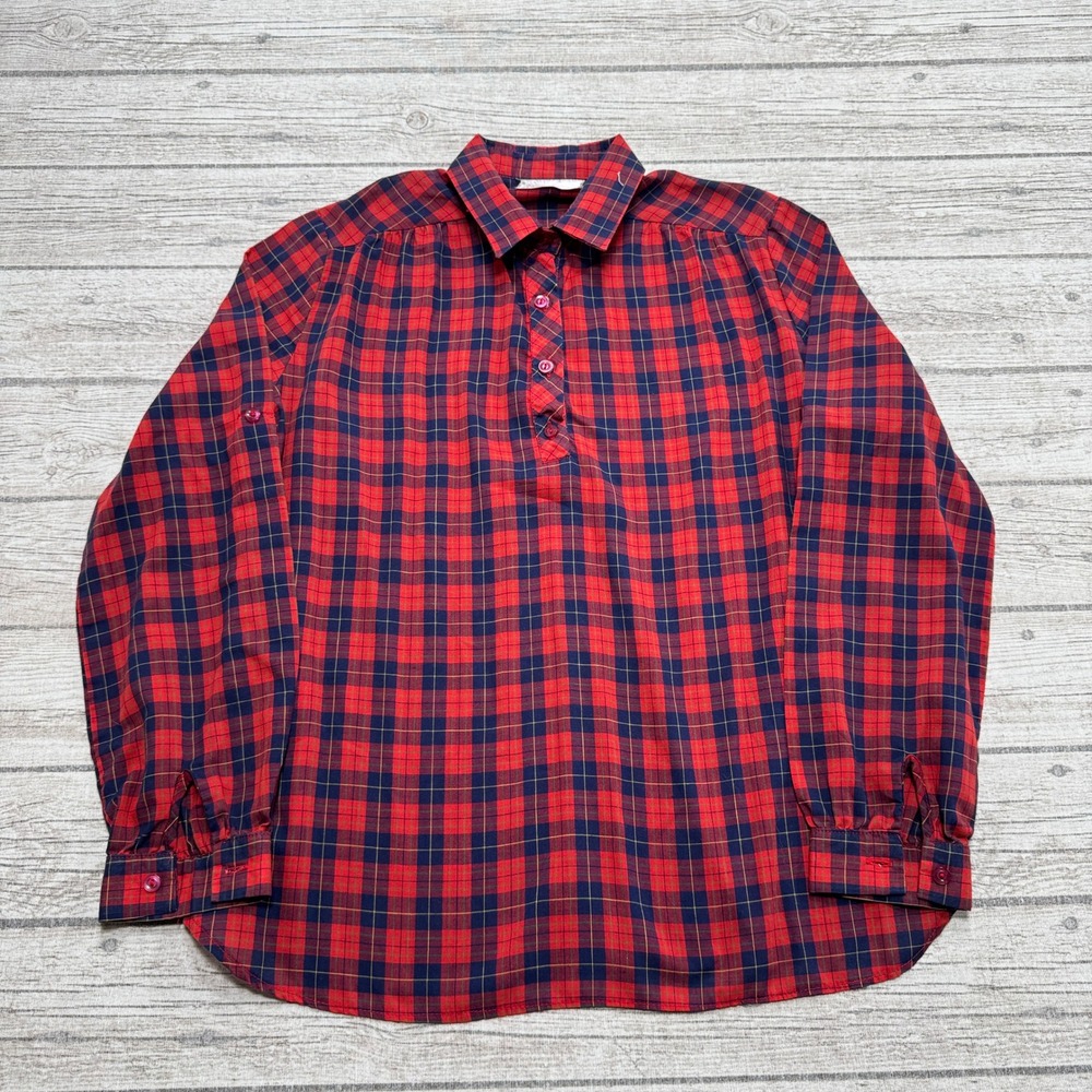 Vintage Sears Shirt Womens M Red Checkered Roll-Tab Long Sleeve Pullover Utility